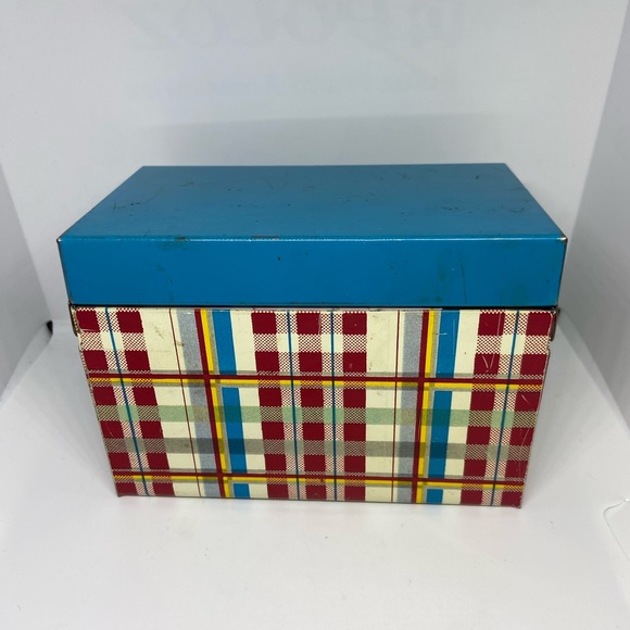 Vintage Tin 1950's Recipe Box Plaid Ohio Art Co Blue Red w/ Handwritten Recipes - Picture 5 of 8